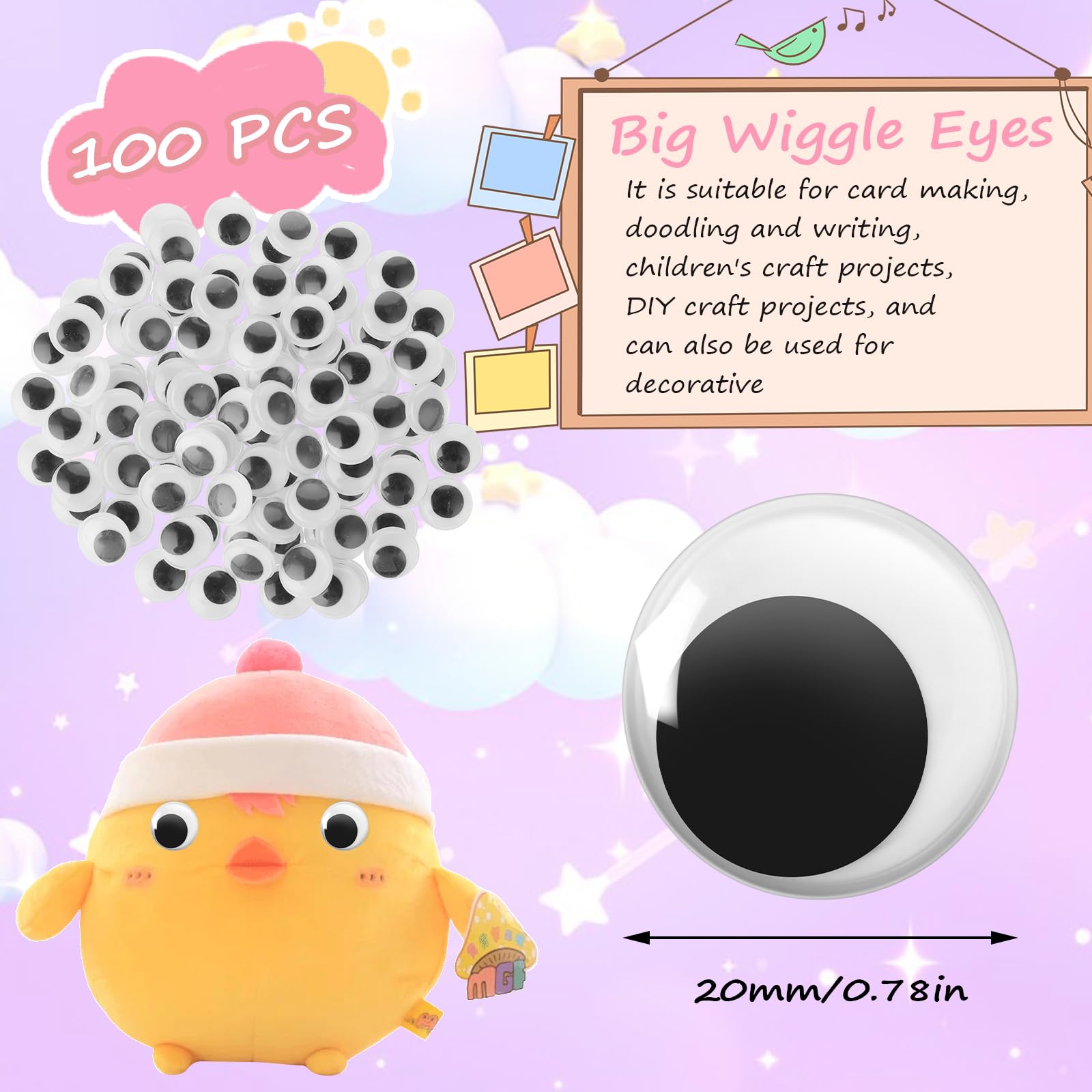 100 Yeux Mobiles Autocollants 20mm - Noirs Et Blancs - Pour Bricolage, Poupées, Scrapbooking, Déco - Enfants Et Adultes