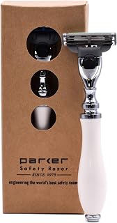 Parker Safety Razor – Deluxe Mach 3 Razor with Triple Blades for Close Shave – Premium White Resin Handle with Chrome Trim