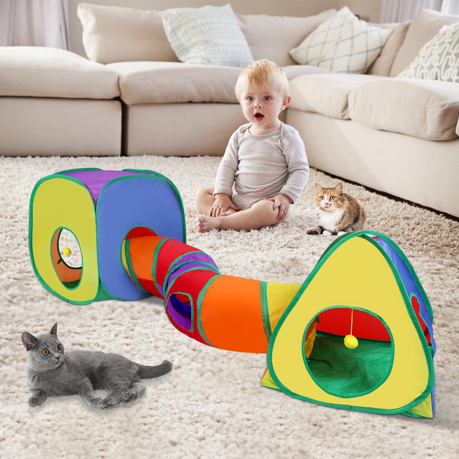 Túneles para gatos de interior, tienda de campaña para gatos, cubo para gatos y plumas, combo plegable, con bola de juguete interactiva para gatos, juego de juguetes para gatos de interior, hurón,