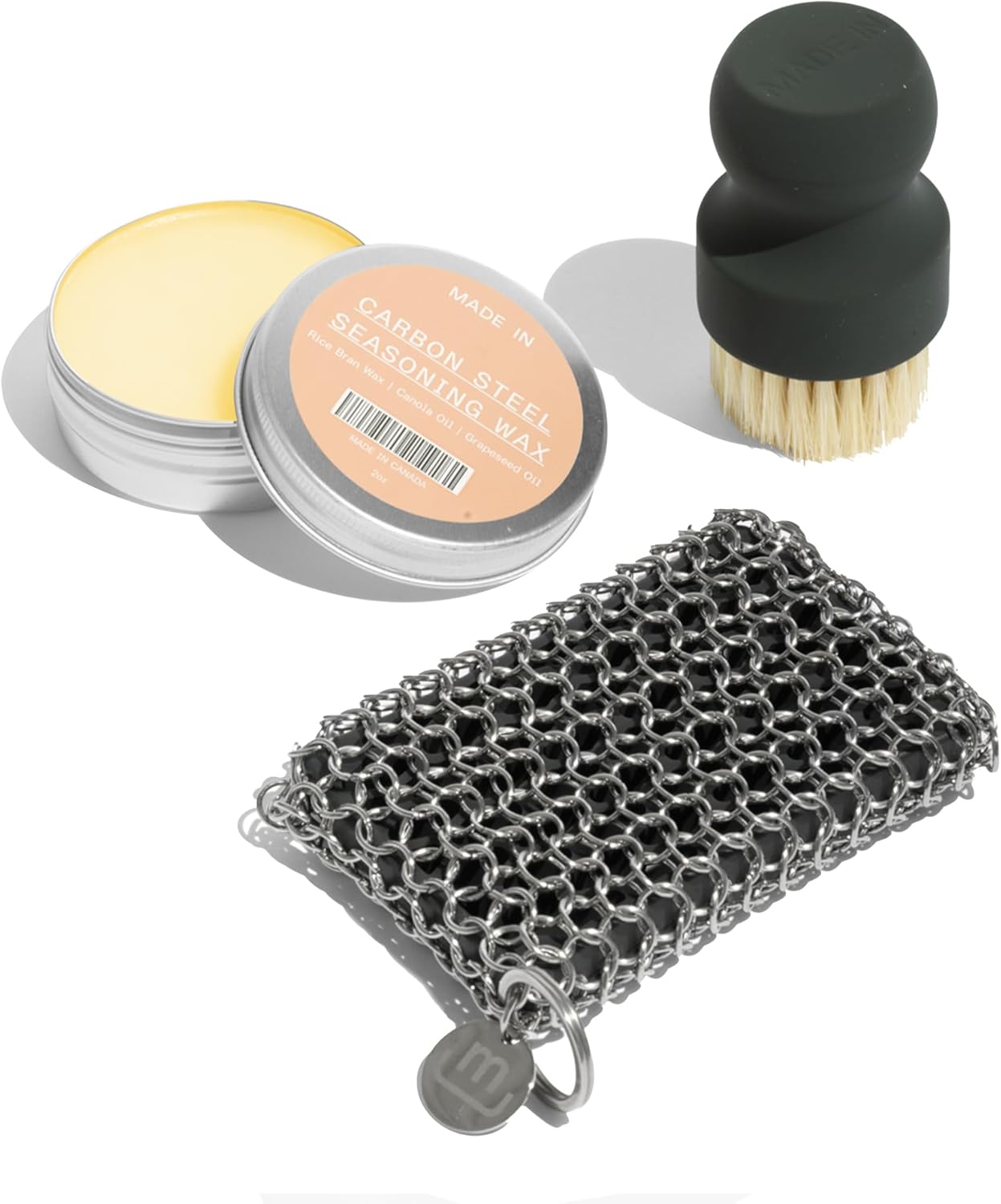 Made In Cookware | 3-Piece Carbon Steel Cleaning Set | Includes Chain Mail Scrubber, Cleaning Brush and Carbon Steel Seasoning Wax