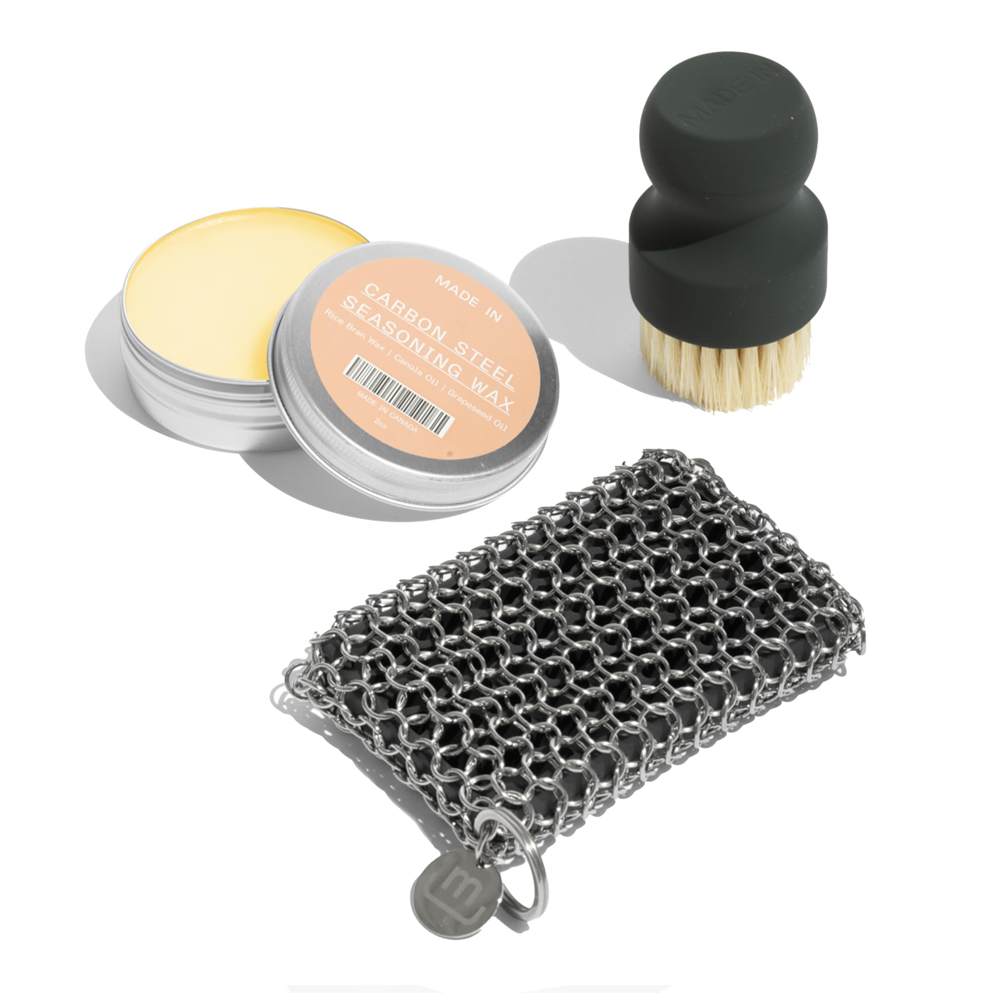 Made In Cookware - 3-Piece Carbon Steel Cleaning Set - Includes Chain Mail Scrubber, Cleaning Brush and Carbon Steel Seasoning Wax