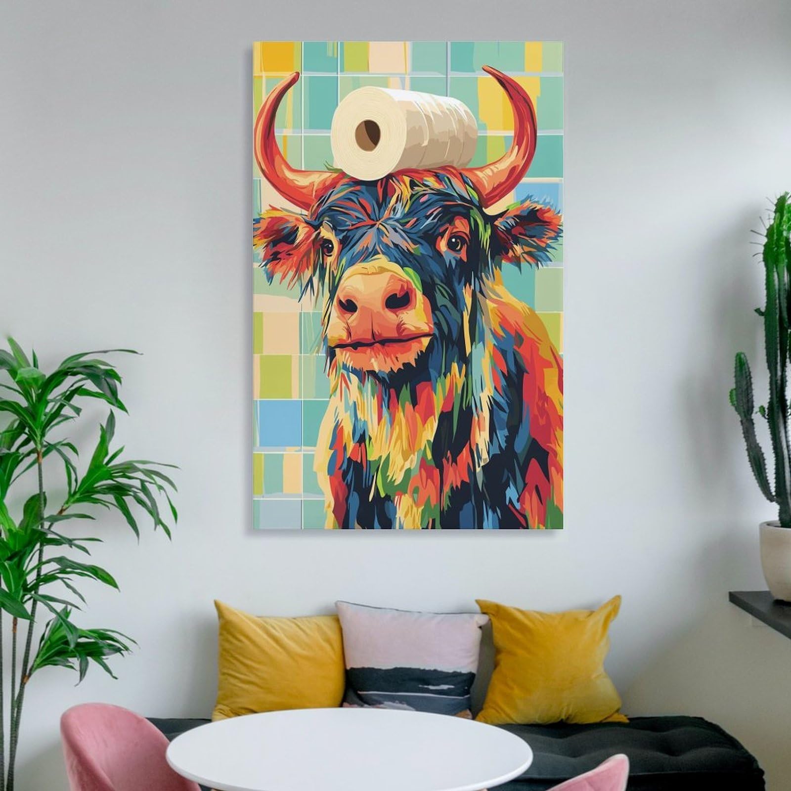 Junmoney Kunstdruck Auf Leinwand Colorful Cow with Toilet Paper Hat, 16x24inch(40x60cm), Für Wohnzimmer, Flur Oder Schlafzimmer, Leinwandbild Für Harmonische Raumwirkung