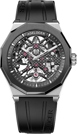 agelocer Men's Luxury Black Skeleton Automatic Mechanical Rubber Band Luminous Analog Watch NK_6001B1-R