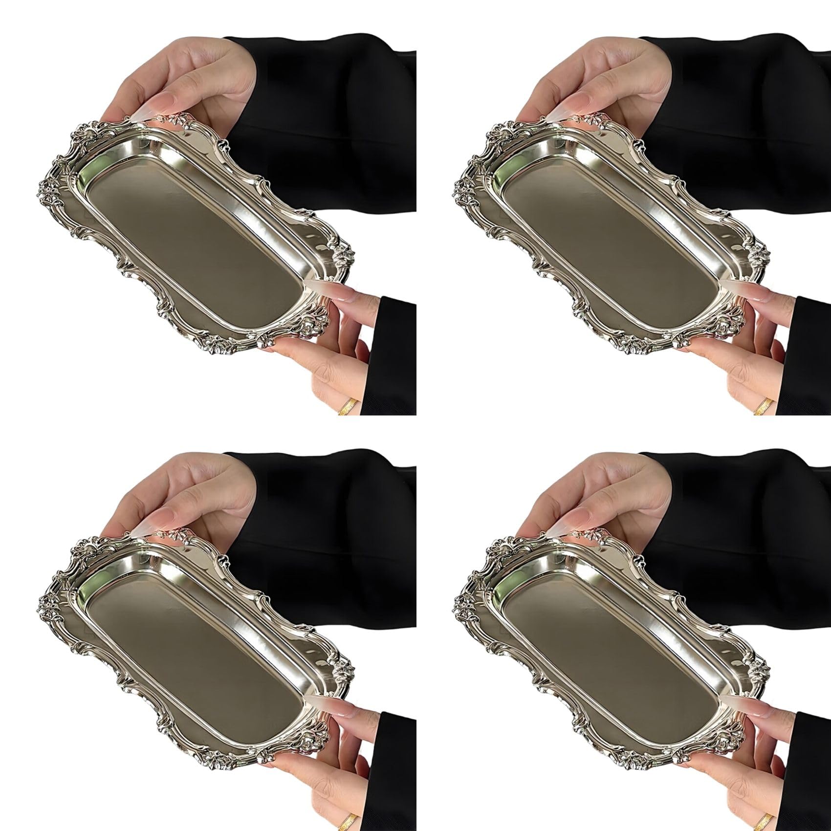 Hndhbfgrt 4X Vintage Embossed Stainless Steel Tray Serving Platter for Desserts Jewelry Storage Snack Plate for Dining Table Decor