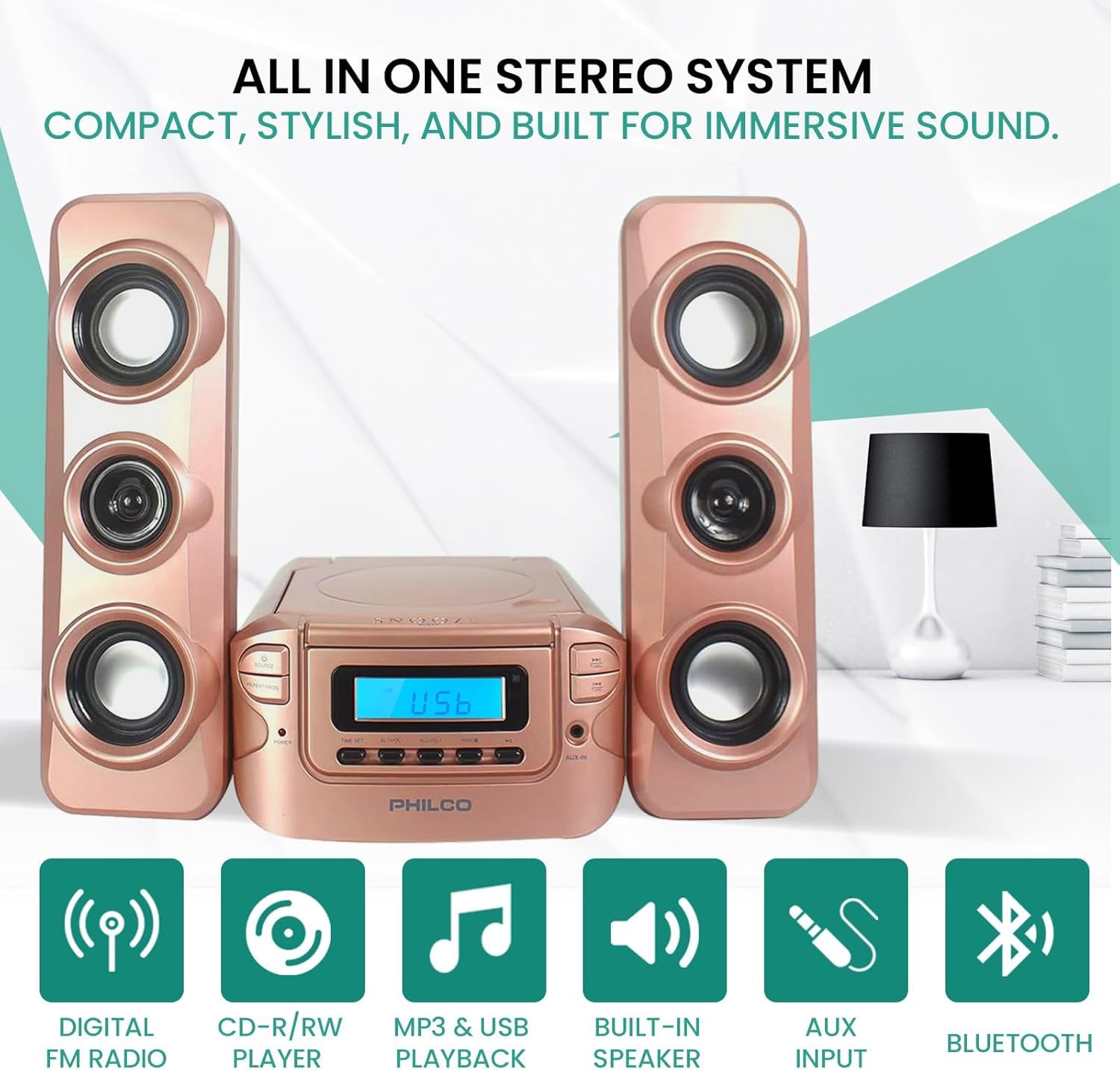 Philco Stereo Regalsysteme Kompaktes CD-Regalsystem mit digitalem FM-Stereo-Radio, Bluetooth-Funktechnologie und Fernbedienung in Roségold | LCD-Display | MP3- & AUX-Anschluss kompatibel
