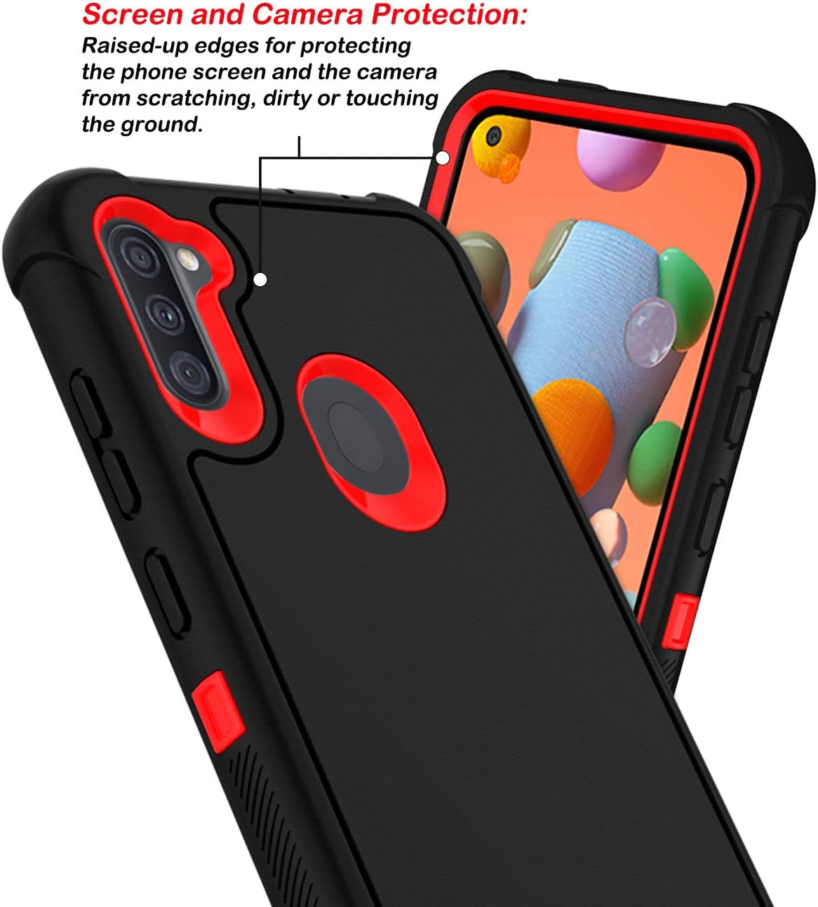 PhuLok Galaxy A11 Case,Samsung A11 Case (North American Version),with HD Screen Protector,Heavy Duty Armor Dual Layer Shockproof Sports Anti-Scratches Non-Slip Bumper Rugged (Black/Red)
