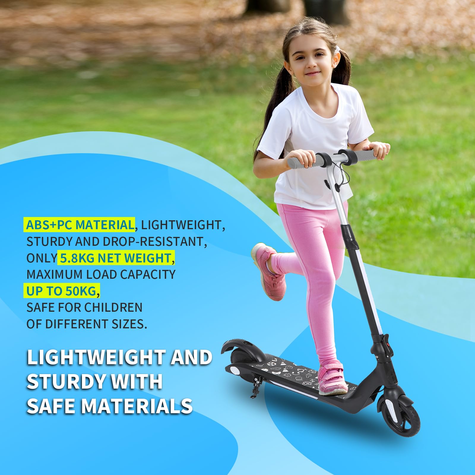 Trottinette électrique pour Enfants avec Lumières LED, Amortisseurs à Double Ressort, Moteur 130W, Vitesse Max 14 km/h