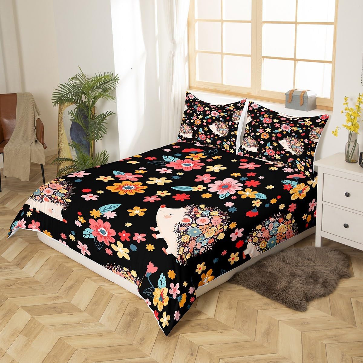 Cartoon Hedgehog Duvet Cover Queen Size Colorful Cute Flowers Bedding Set 3pcs Wild Jungle Animal Comforter Cover for Kids Bedroom Decor Lovely Hedgehog Quilt Cover,2 Pillowcases(No Comforter)