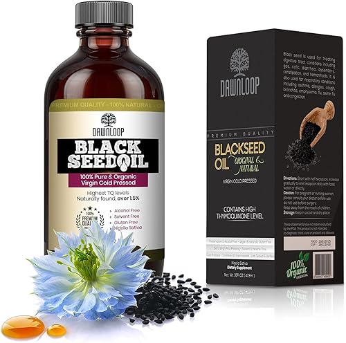 DAWNLOOP Aceite de semilla negra orgánico prensado en frío, 100% puro de alta timoquinona Nigella Sativa, aceite de comino negro para apoyo