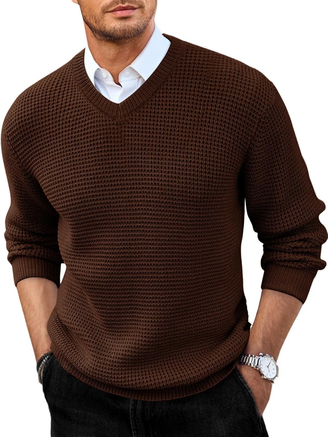 Runcati Mens V Neck Sweater Casual Waffle Knitted Pullover Slim Fit Fall Winter Basic Warm Sweaters