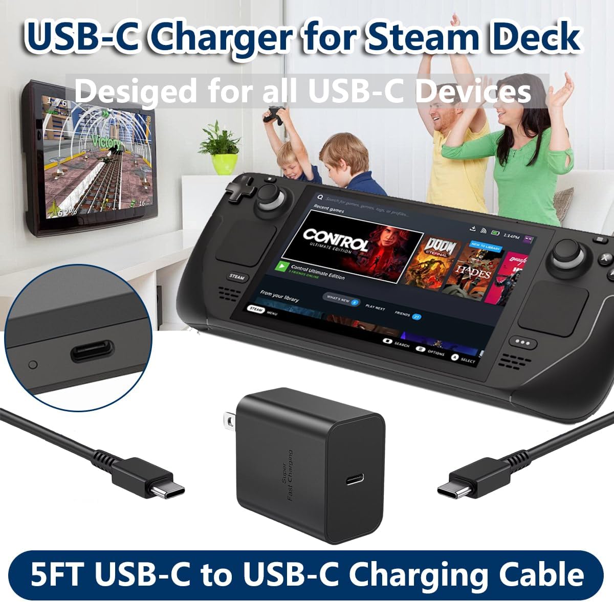 2-Pack USB-C Charger for Nintendo Switch, for Steam Deck Switch OLED PS5 Xbox Controller, USB-C AC Adapter Power Supply for Switch with 5FT Charging Cable, Type C PD 3.0 Fast Charging