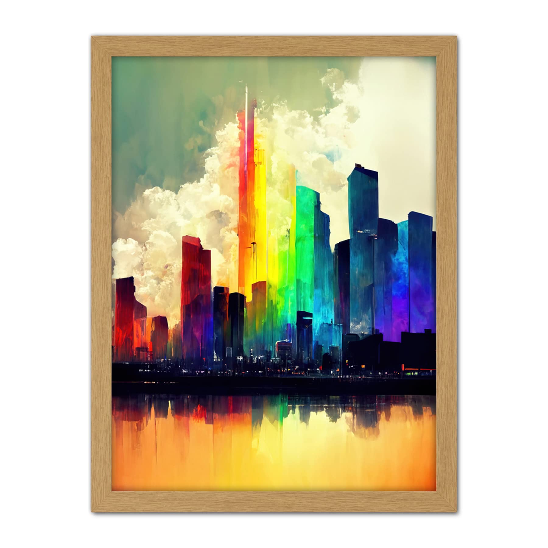 Doppelganger33 LTD Glass City of Rainbow Reflections Cityscape Artwork Framed Wall Art Print 18X24 inch
