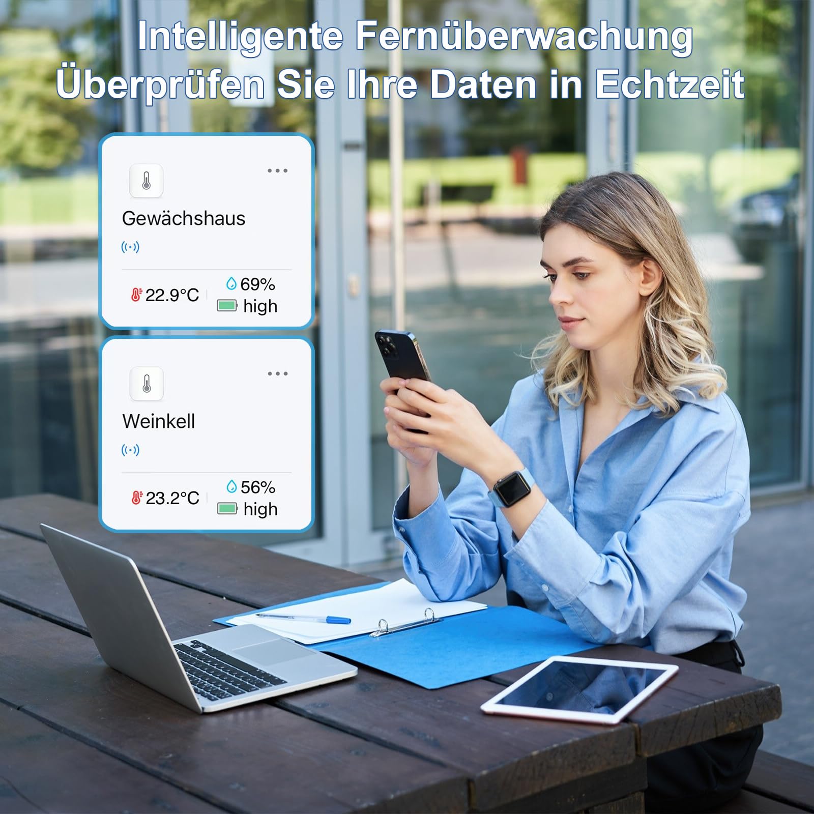 WLAN Thermometer Hygrometer mit App, 150m Reichweite für Innen Außen, Tuya Smart Life kompatibel für Gewächshaus Weinkeller, 3 Sensoren + Basisstation