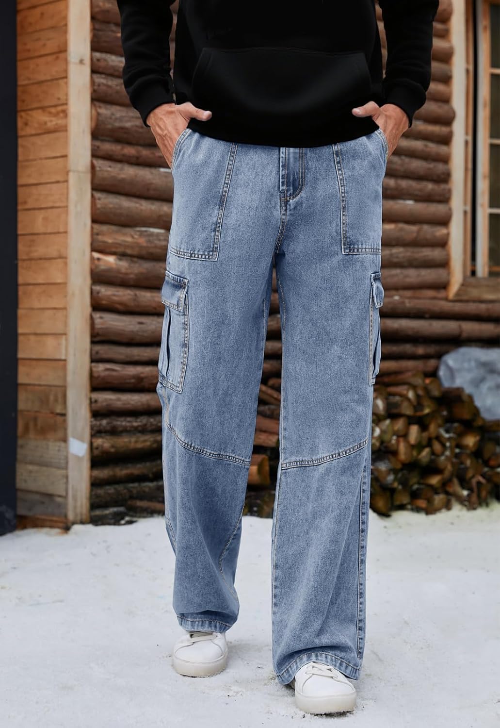 Mens Baggy Cargo Jeans Wide Leg Elastic Waist Jean Loose Fit Casual Denim Utility Pants Streetwear - Image 2