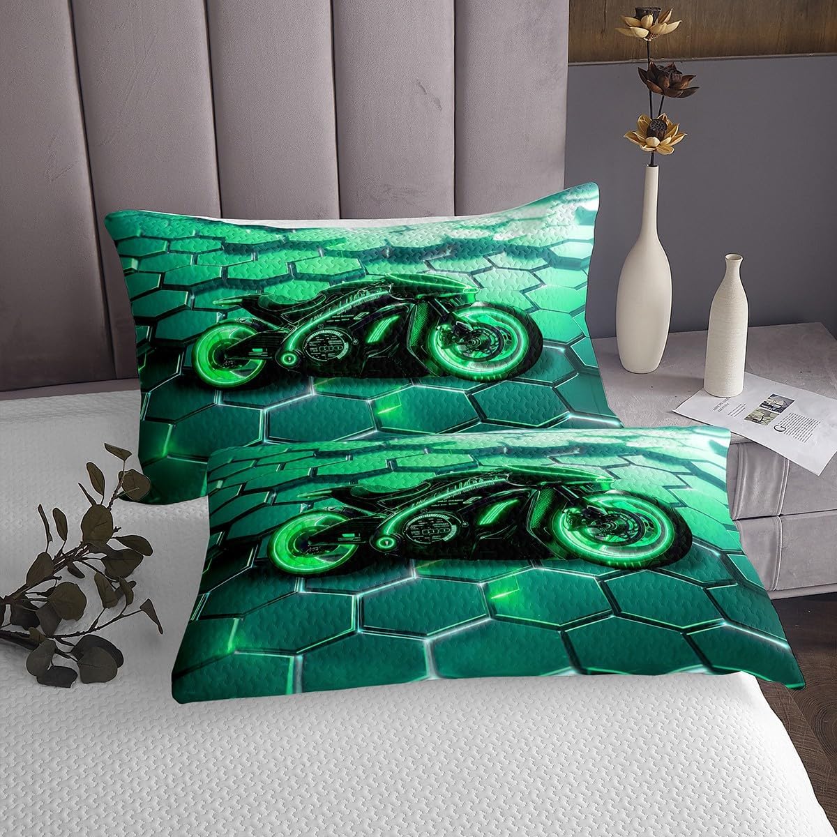 jejeloiu Boys Girls Dirt Bike Honeycomb Coverlet Set Queen Size, Durable Extreme SportBedspread Kids Luxury Collection Quilted Coverlet Teens Bedroom Decor with 2 Pillow Case