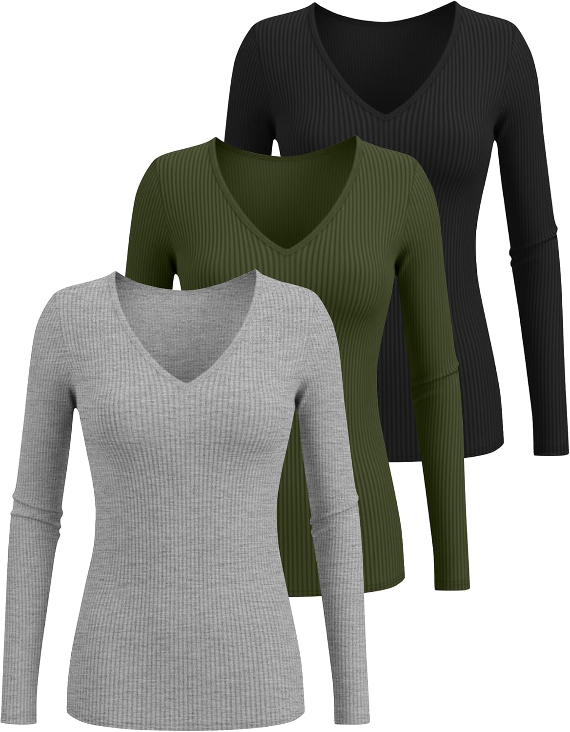 Ficerd 3 Pack Women's Long Sleeve T Shirts Cotton V Neck Slim Fit Tops Ribbed Knit Layering Casual Basic Tees Fall - Image 3