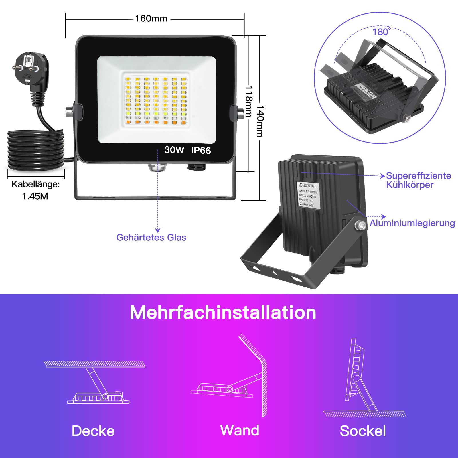 AUSYDE 35W LED Strahler Außen RGB Flutlichter - Bluetooth APP Control | Smart Bluetooth App Control, IP66 Wasserdichte Dimmbares Flutlicht, 16 Millionen Farben Farbwechsel für Garten Bühne, 2 Stück