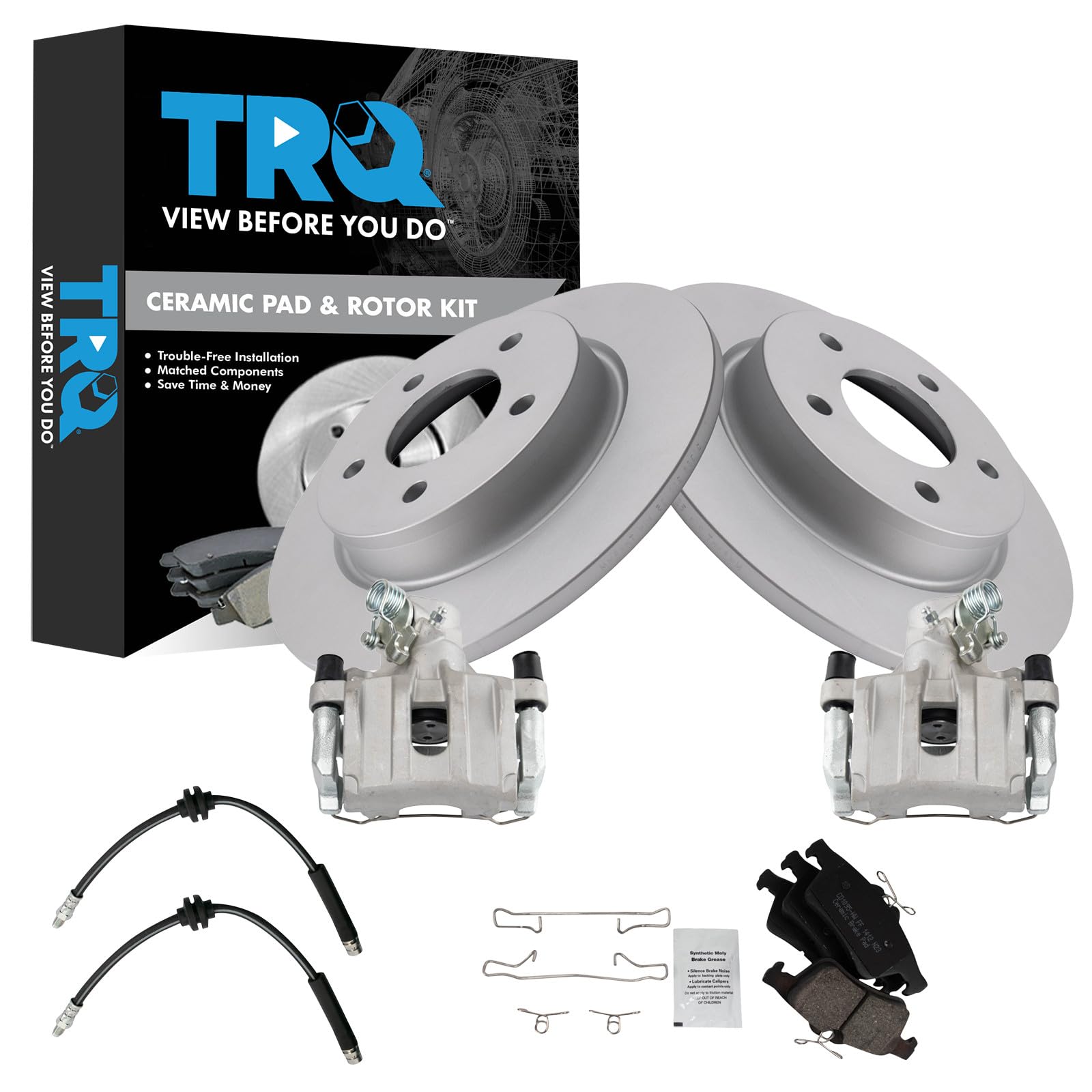 TRQ Rear Brake Pad and Rotor Set Ceramic G Coated Rotors Calipers Compatible with 2006-2008 Mazda 3