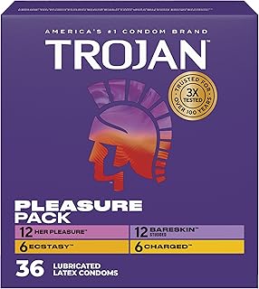 Trojan Pleasure Pack, Assorted Latex Lubricated Condoms for Men, Her Pleasure, Bareskin Studded, Ecstasy & Charged Varieties, 36 Count
