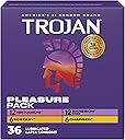 Trojan Pleasure Pack, Assorted Latex Lubricated Condoms for Men, Her Pleasure, Bareskin Studded, Ecstasy & Charged Varieties, 36 Count