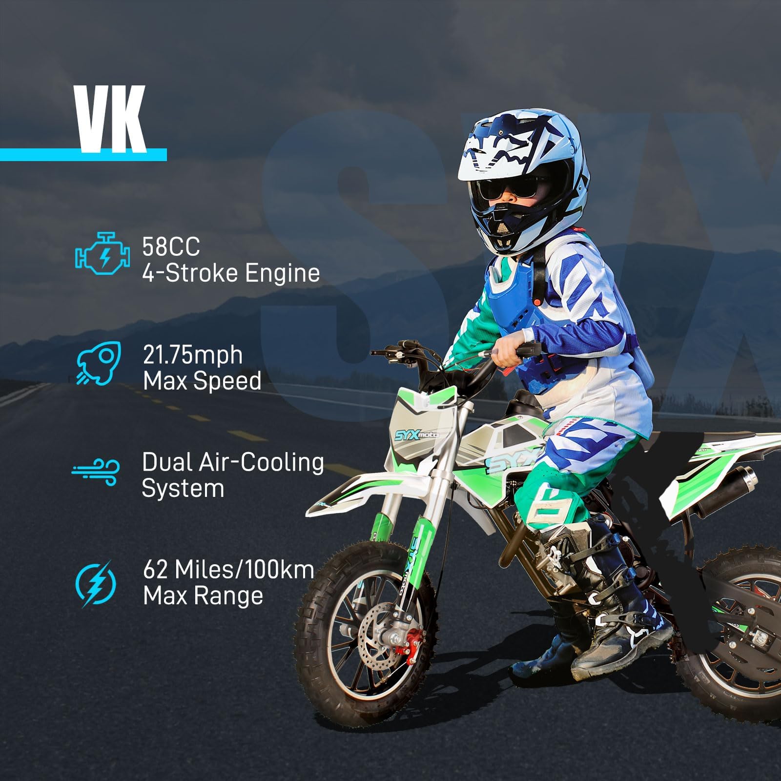 SYX MOTO 58CC 4-Stroke Kids Mini Dirt Bike, Gas Powered Off-Road Motorcycle, Pocket Pit Trail Bikes W/EPA Approved, 8-14 (GreenWhite)