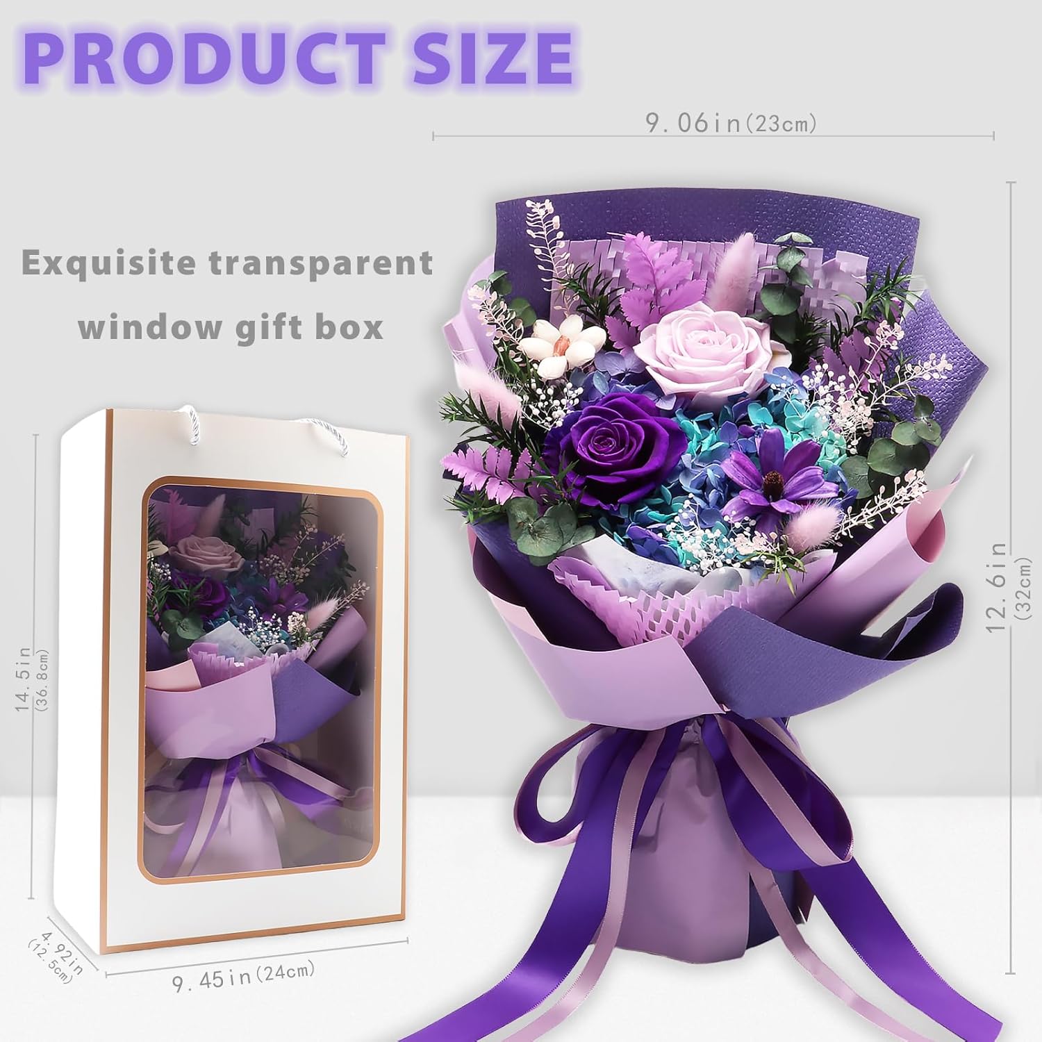 Preserved Flowers Bouquet, Long Lasting Floral Arrangement with Gift Box, Ideal for Mom, Wife, Women & Friends (Deep Purple)