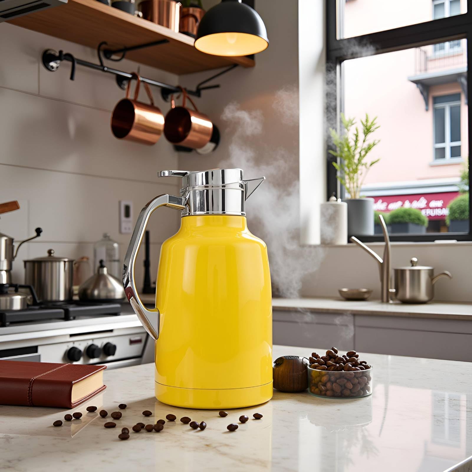 Caraffa termica per caffè, Teiera in acciaio inossidabile, Distributore termico per caffè e tè, Brocca termica per caffè, Bollitore, Bevande, Distributore di bevande calde per (Giallo)