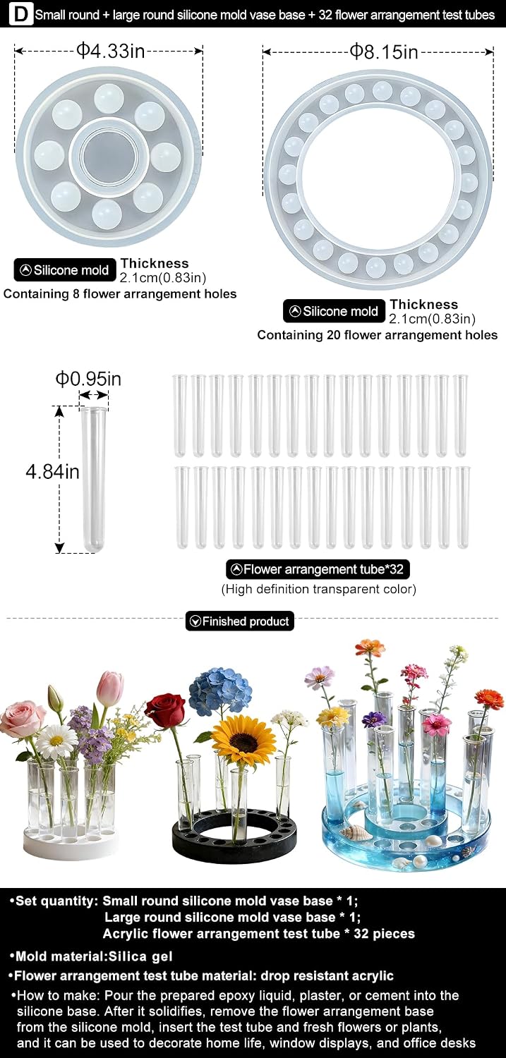 Flower Vase Resin Molds Silicone，Large and Small Circular Silicone vase Base+32 Flower Arranging Test Tubes, Suitable for Inserting Fresh Flowers and Cultivating Plants, Desktop Vases Home Decor (D)