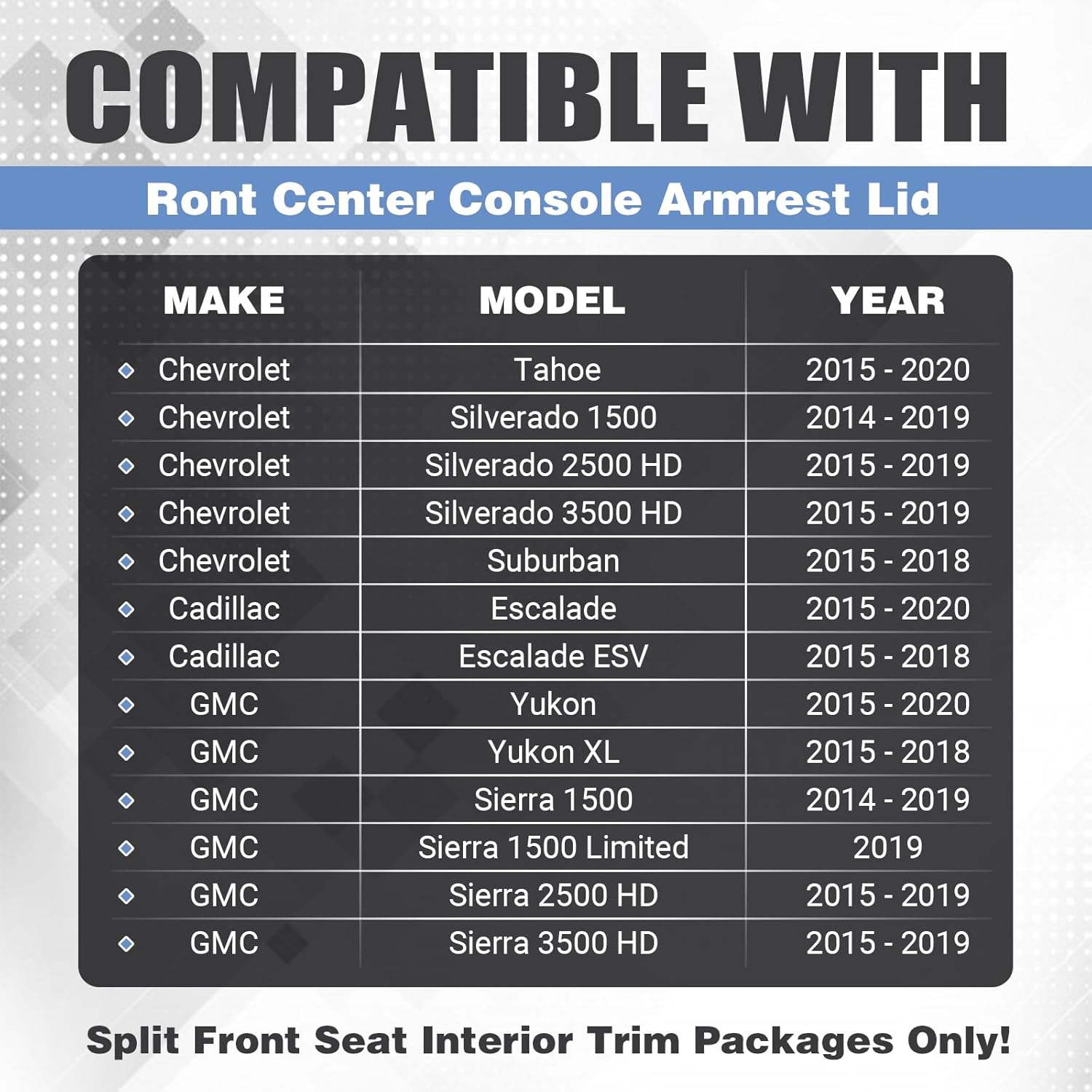 22881398 Front Center Console Armrest Lid Middle Seat Black Leather fits for Chevrolet Tahoe Silverado 1500 2500 3500 HD, for Cadillac Escalade ESV, for GMC Yukon Sierra 2014-2020