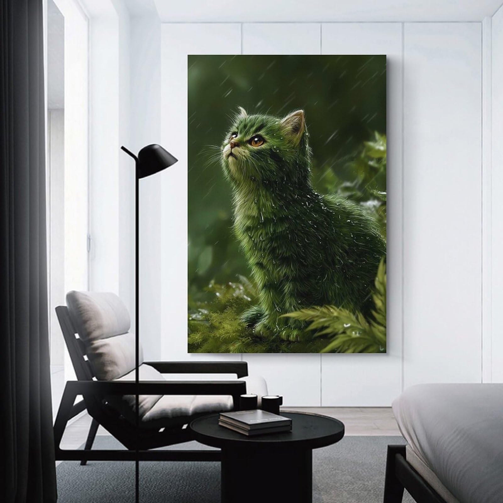 Junmoney Wall Decor Canvas Print Green Kitten in The Rain, 24x36inch(60x90cm), for Study, Office Or Apartment Decor, Canvas Artwork with Gifting Potential