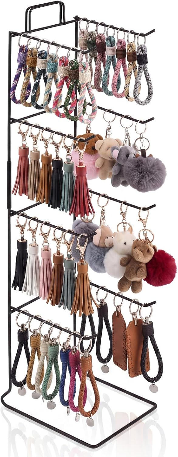 Mifoci 4-Tier Keychain Display Stand, Black Metal Rack with 8 Hanging Arms
