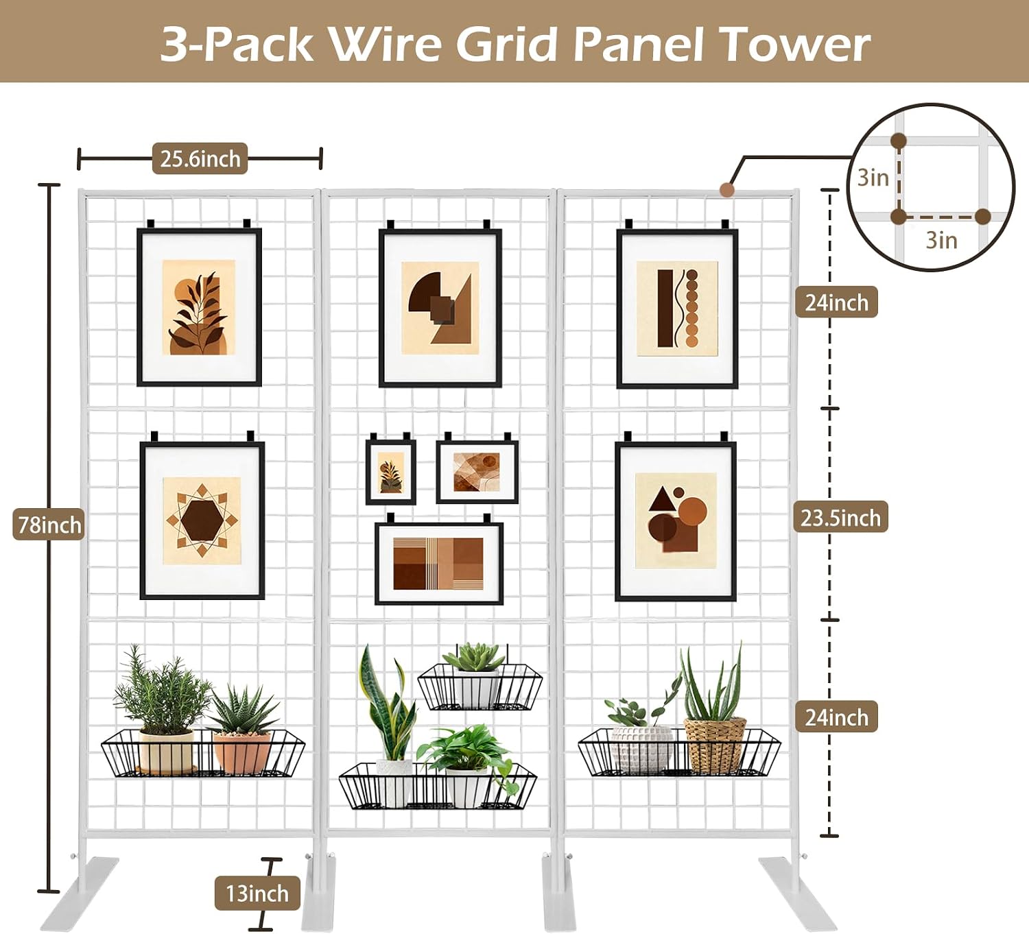 Room Divider Freestanding Gridwall, 3 Panel Folding Display Board Organizer with Base Feet, Privacy Screens Portable Freestanding Display Board Wire for Craft Shows Events Retail