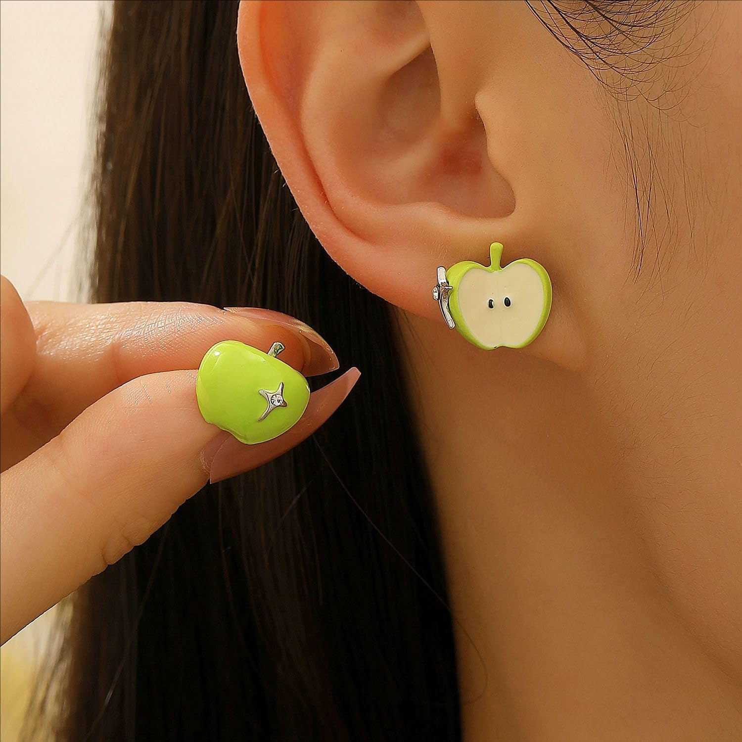 Summer Cute Asymmetric Apple stud Earrings Lightweight Fresh Fruit Earrings with Rhinestone Casual Wear Jewelry - Image 3