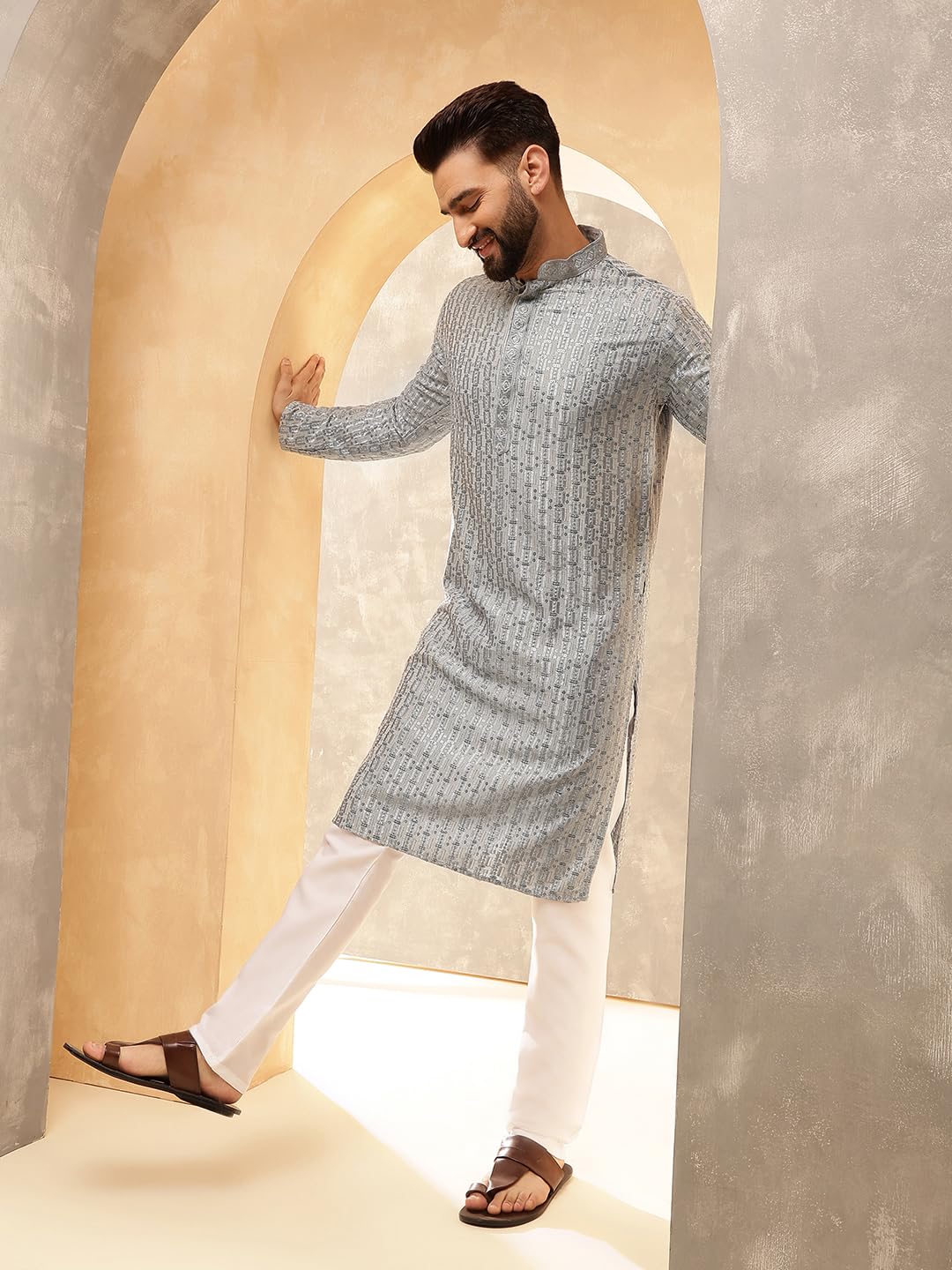 Sojanya (Since 1958 Men's Cotton Rayon Shiny Thread Sequinned Blue Kurta With White Pyjama