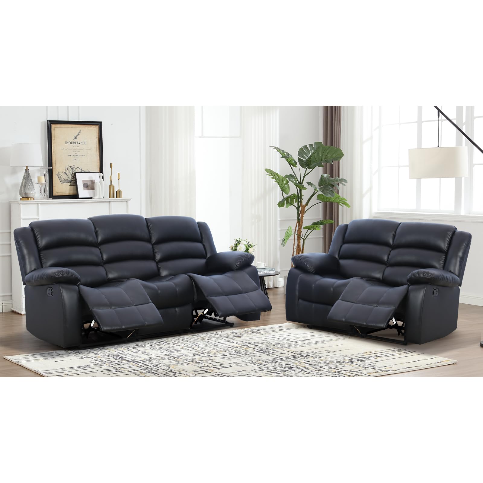 EBELLO Manual Reclining Couch Set for Living Room, Include 1 Loveseat, 3 Seat Sofa, Modern Faux Leather Recliner Sofa Furniture Set for Home and Office, Black view 6