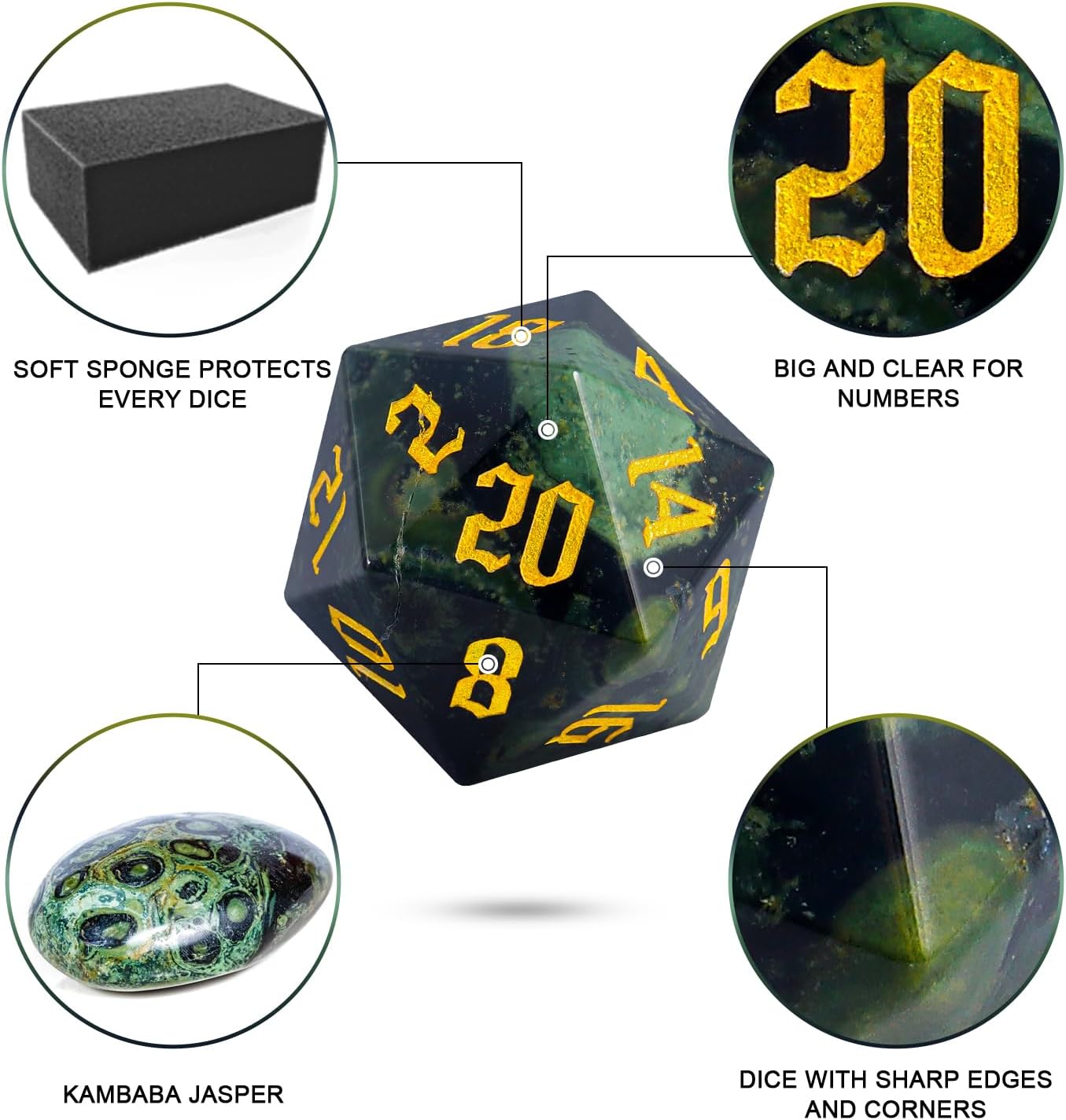 LUCKY-M Kambaba Jasper Dice DND Set, 7PCS Gemstone Dice for Dungeons and Dragons for RPG MTG Table Games, Stone Dice Set D&D, Valentines Day Gift for Him
