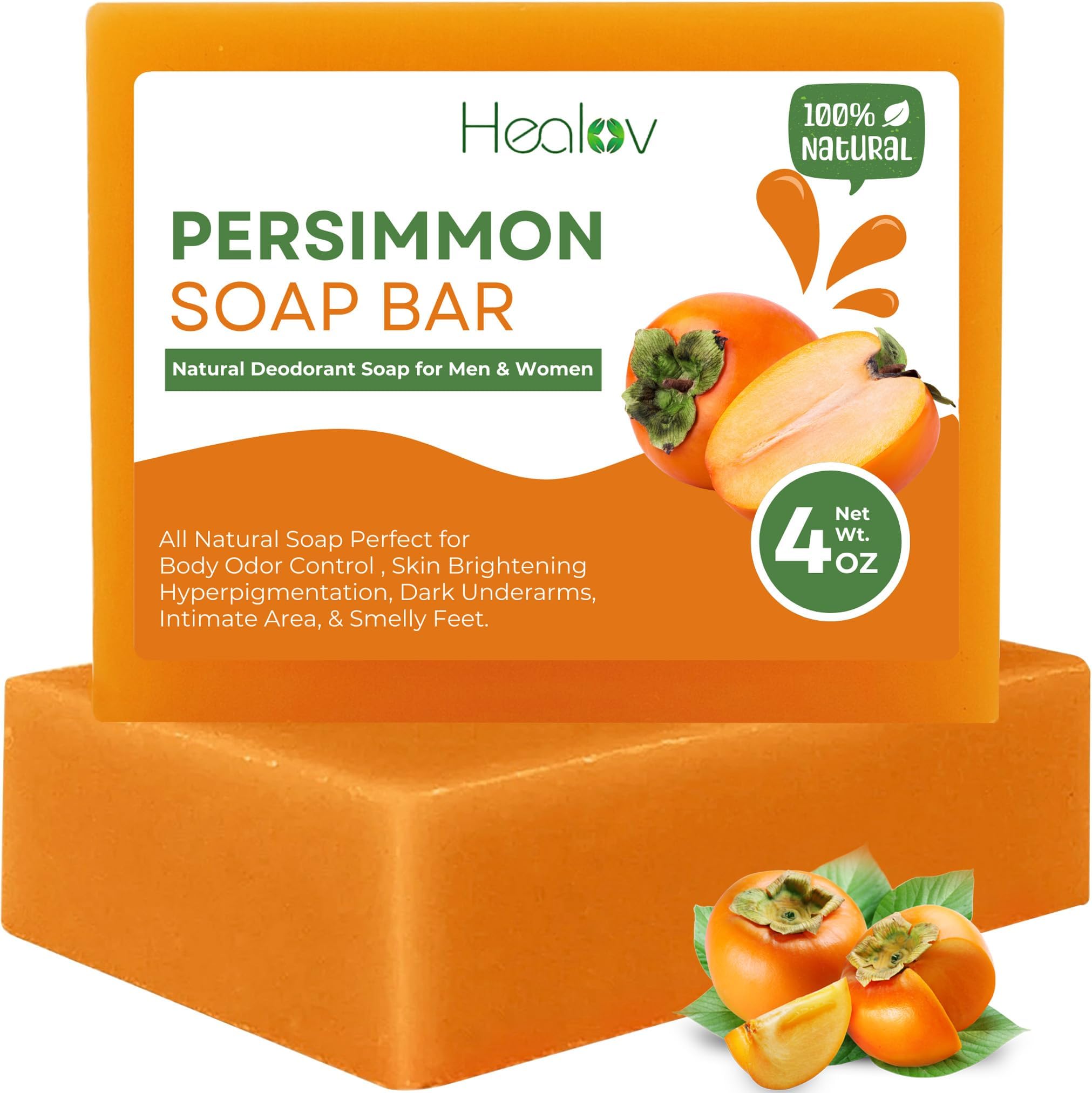 Healov Persimmon Soap Bar for Body Odor Control – Purifying Deodorizing Face & Body Wash for Eliminating Body Odor – Great for Skin Brightening, Hyperpigmentation – Deodorant Soap for Men & Women