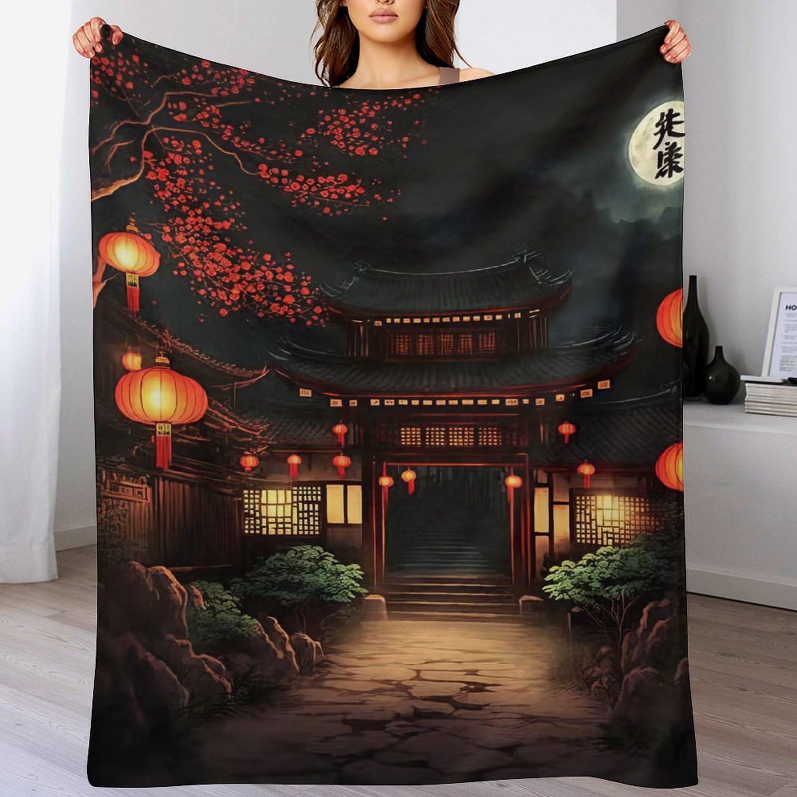 Manta de franela de forro polar mullida 180x200 cm para sofá y cama con diseño de farol chino