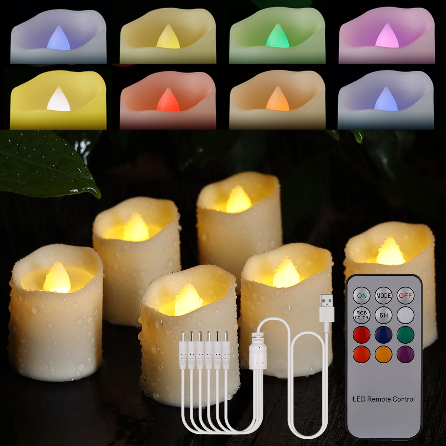 BOWKAPack of 6 Rechargeable LED Tea Lights Wireless Candles with Remote Control Timer and USB Charging Cable Flameless Flickering Candles for Outdoor Party Garden Christmas Wedding Decoration
