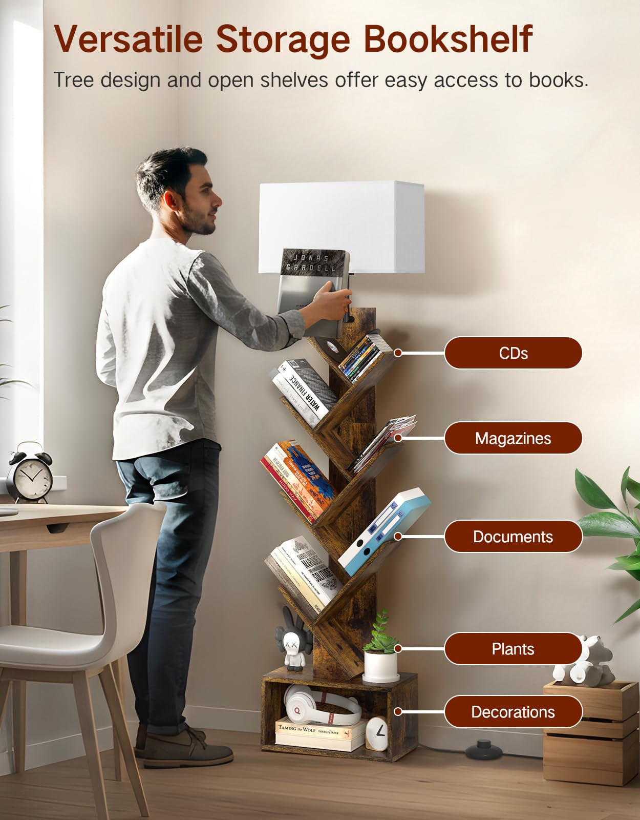 Pequeña Librería en Forma de Árbol con Luz, Estantería de 6 Niveles con Mando a Distancia y Temporizador, Estante Esquinero para Libros, CD, para Salón, Dormitorio, Oficina(Rustic Brown)