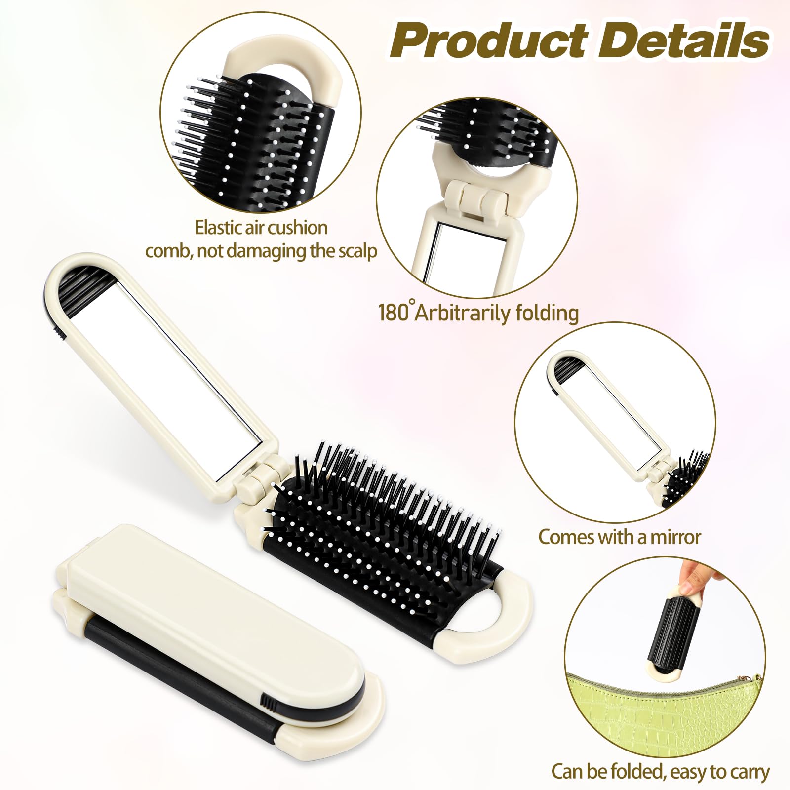 Foldable Travel Hair Brush with Mirror, Collapsible Pocket-Sized Mini Brush, Massage Comb, Compact Styling Tool for Gym Trip - Image 3