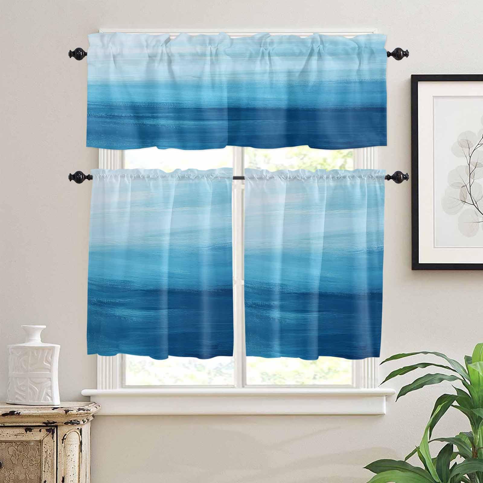 Blue Ocean Waves Kitchen Curtains 36 Inch Length, 3 Piece Rod Pocket Small Half Tiers and Valance Set, Stripe Ombre Coastal Small Large Window Treatment Decor for Bedroom/Bathroom Sink