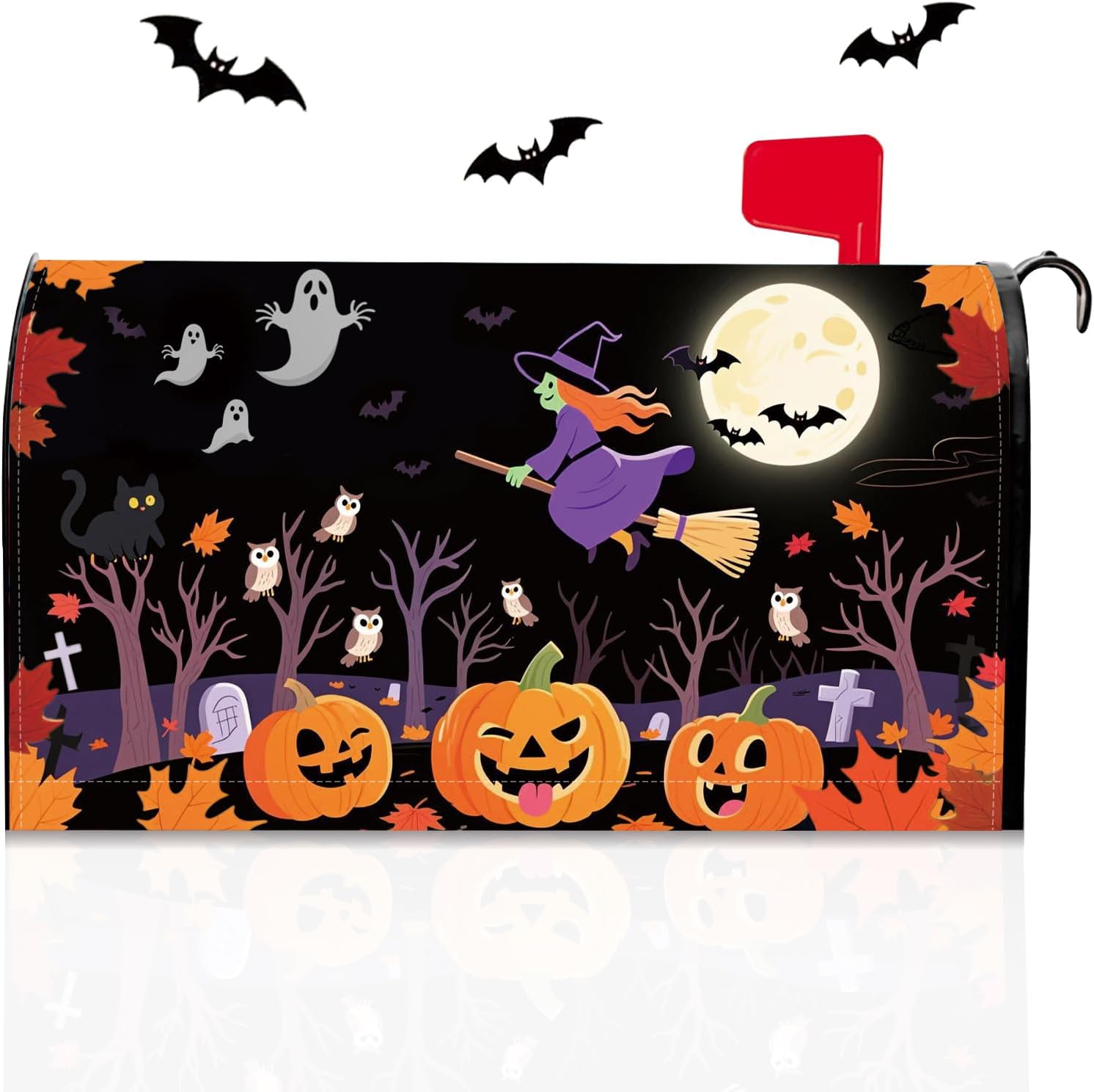 Pumpkin Mailbox Covers Magnetic 21"x18" Fall Halloween Bat Post Letter Box Cover Scary Night Ghost Witch Mailbox Wrap Forest for Outside Garden Decor Fall Autumn