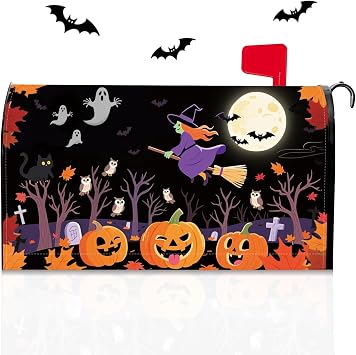 Pumpkin Mailbox Covers Magnetic 21"x18" Fall Halloween Bat Post Letter Box Cover Scary Night Ghost Witch Mailbox Wrap Forest for Outside Garden Decor Fall Autumn