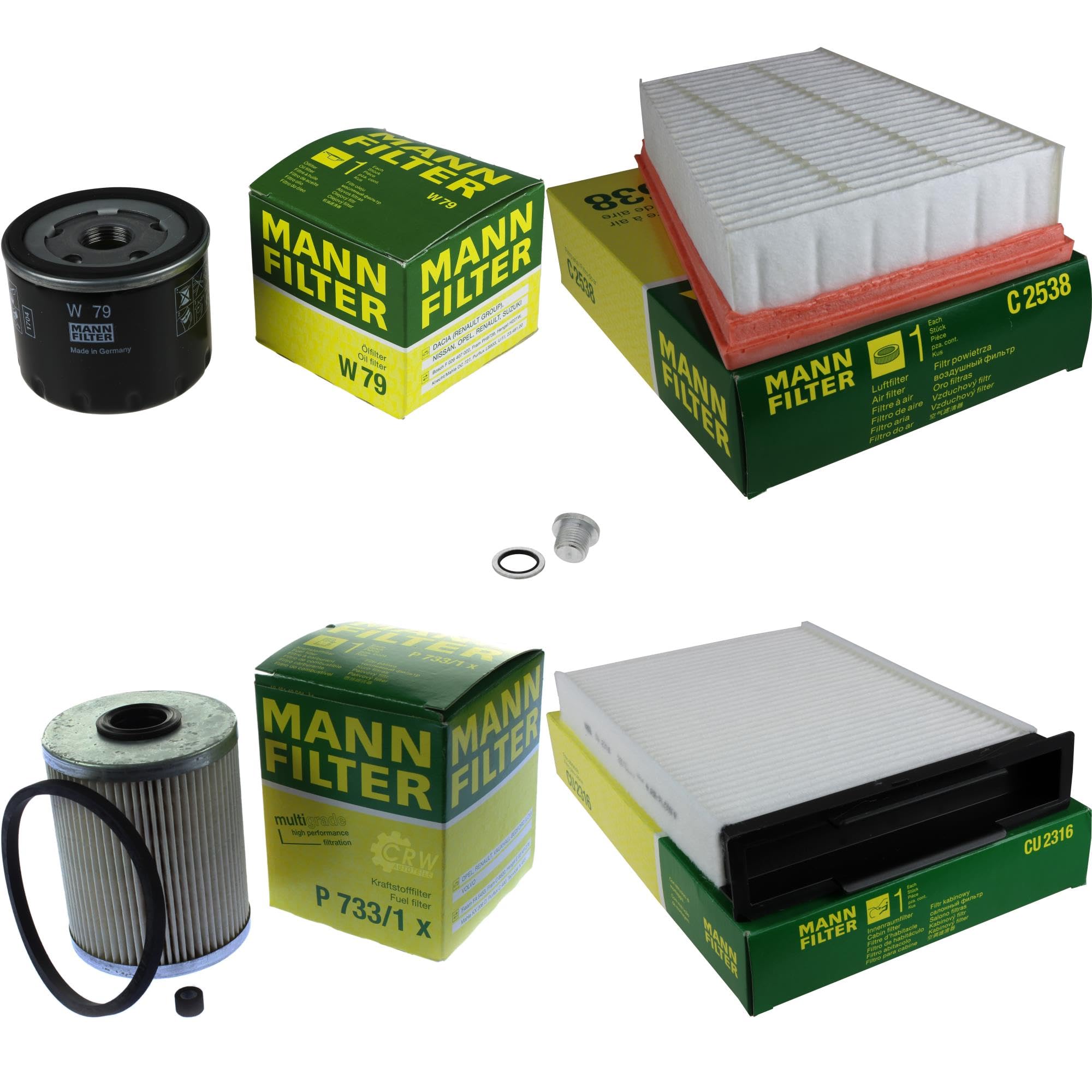 Paquete de inspección Kit de mantenimiento de filtros con filtro de aceite W 79, filtro de aire C 2538, filtro de combustible P 733/1 x, filtro de habitáculo CU 2316, tornillo de cierre