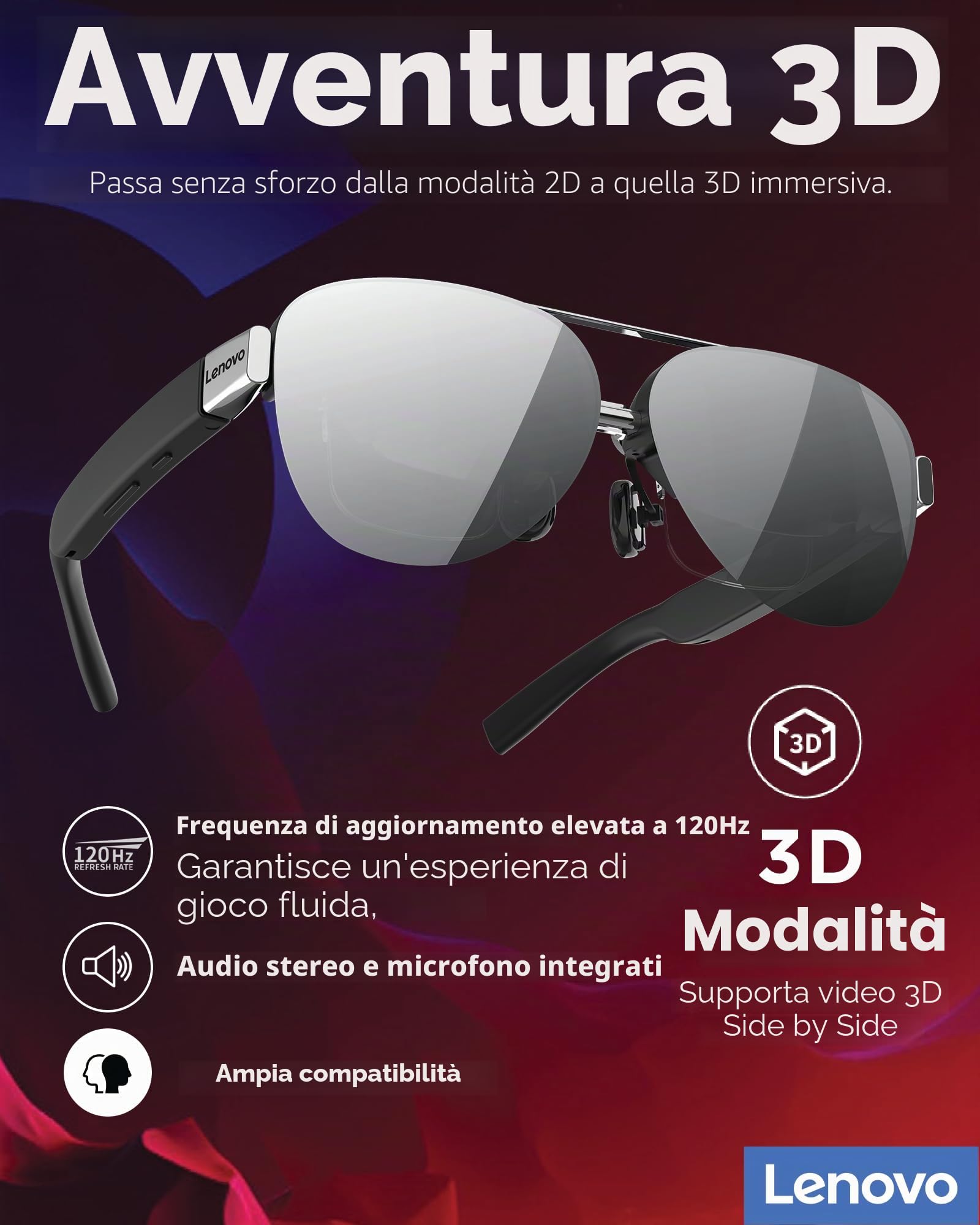 Lenovo Legion Glasses Gen 2 - Monitor indossabile Personale Micro-OLED per Giochi e Film, Display Plug-And-Play FHD 60Hz Legion Go e dispositivi USB-C, Audio ad Alta fedeltà e Privacy