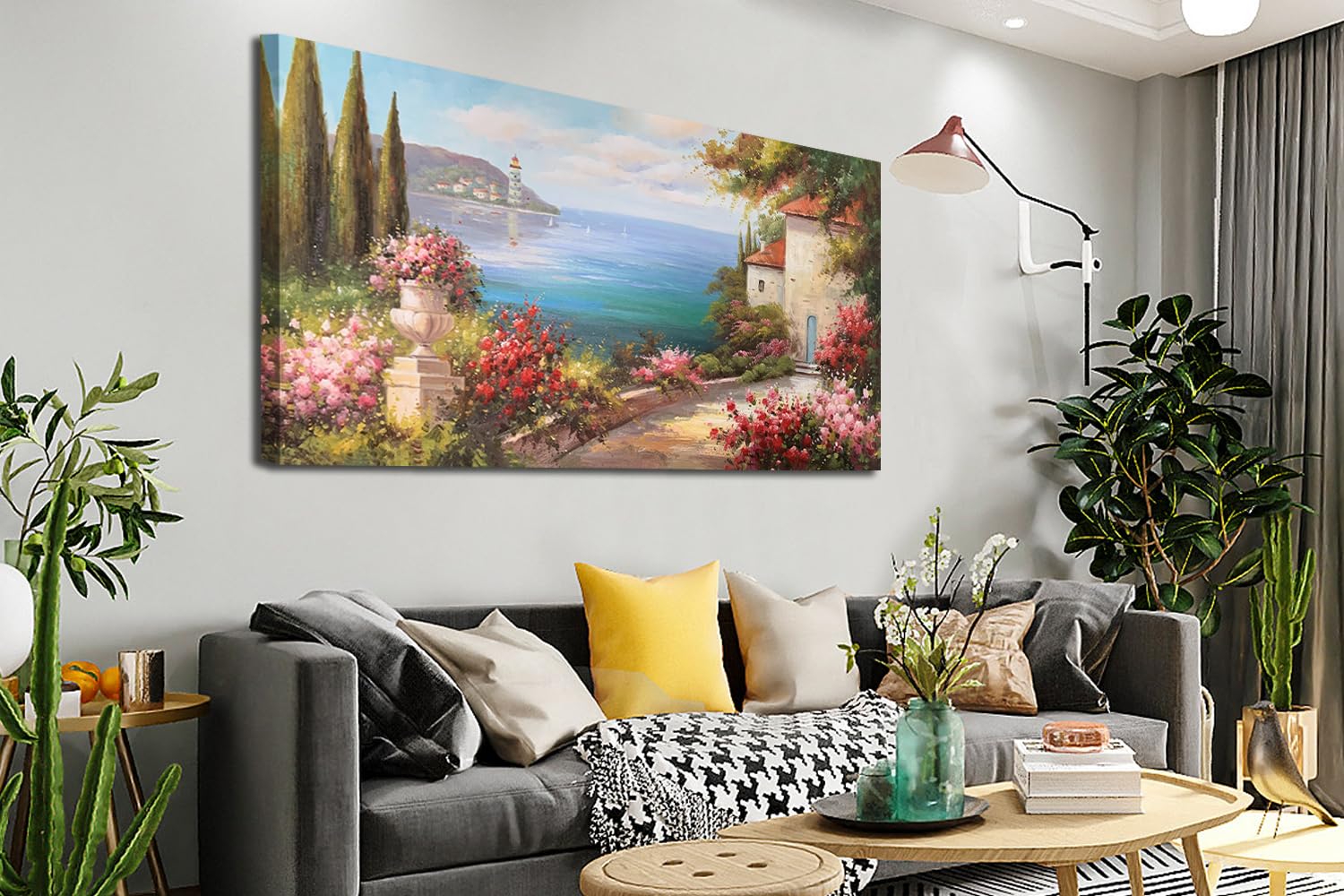 Arte de pared de paisaje mediterráneo, pintura de paisaje marino mediterráneo, árbol, flor rosa, azul, océano, paisaje moderno, obra de arte verde, gran marco para sala de estar, dormitorio, baño, decoración de pared en casa, oficina, 48 x 24 pulgadas 5