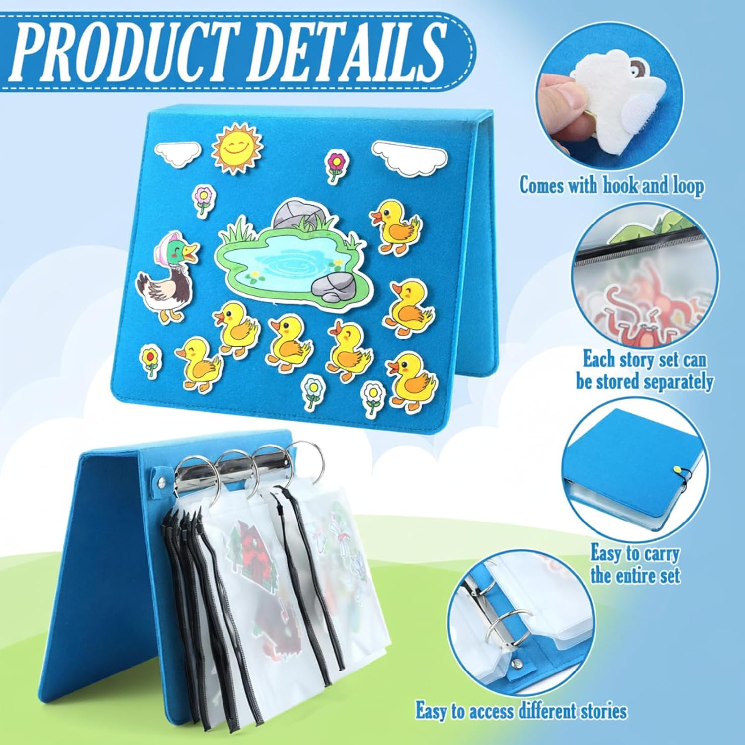 13 Pack Felt Board Stories Pieces Set, Flannel Fairy Tale Board Stories with A Felt Pieces Storage Binder for Preschool Activities, Included Little Ducks, Little Red Riding Hood and More