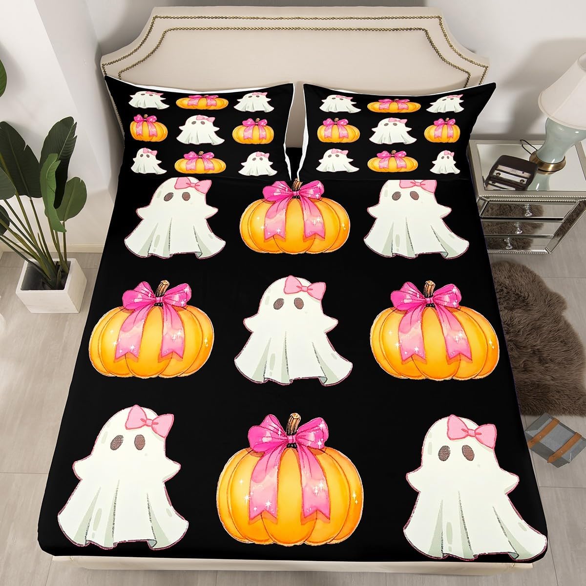 Cartoon Ghost Fitted Sheet Pink Bow Tie Pumpkin Lantern Full Size Bed Sheets, Black Halloween Cute Room Decor Aesthetic Kawaii Bedding Set