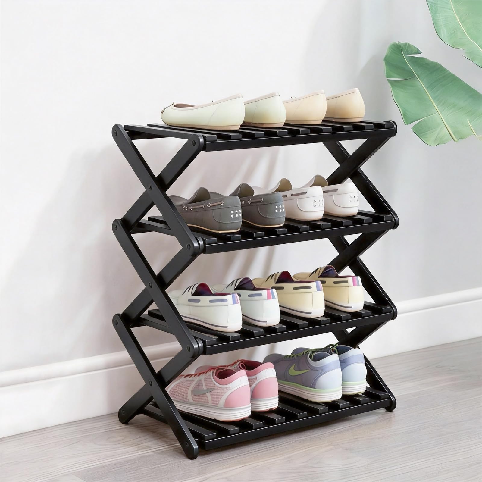 Glsety 4 Tier Bamboo Shoe Rack Black,Portable Folding Shoe Storage Rack,Without Installation Small Shoe Rack Perfect for Corridors, Bedrooms and Small Spaces